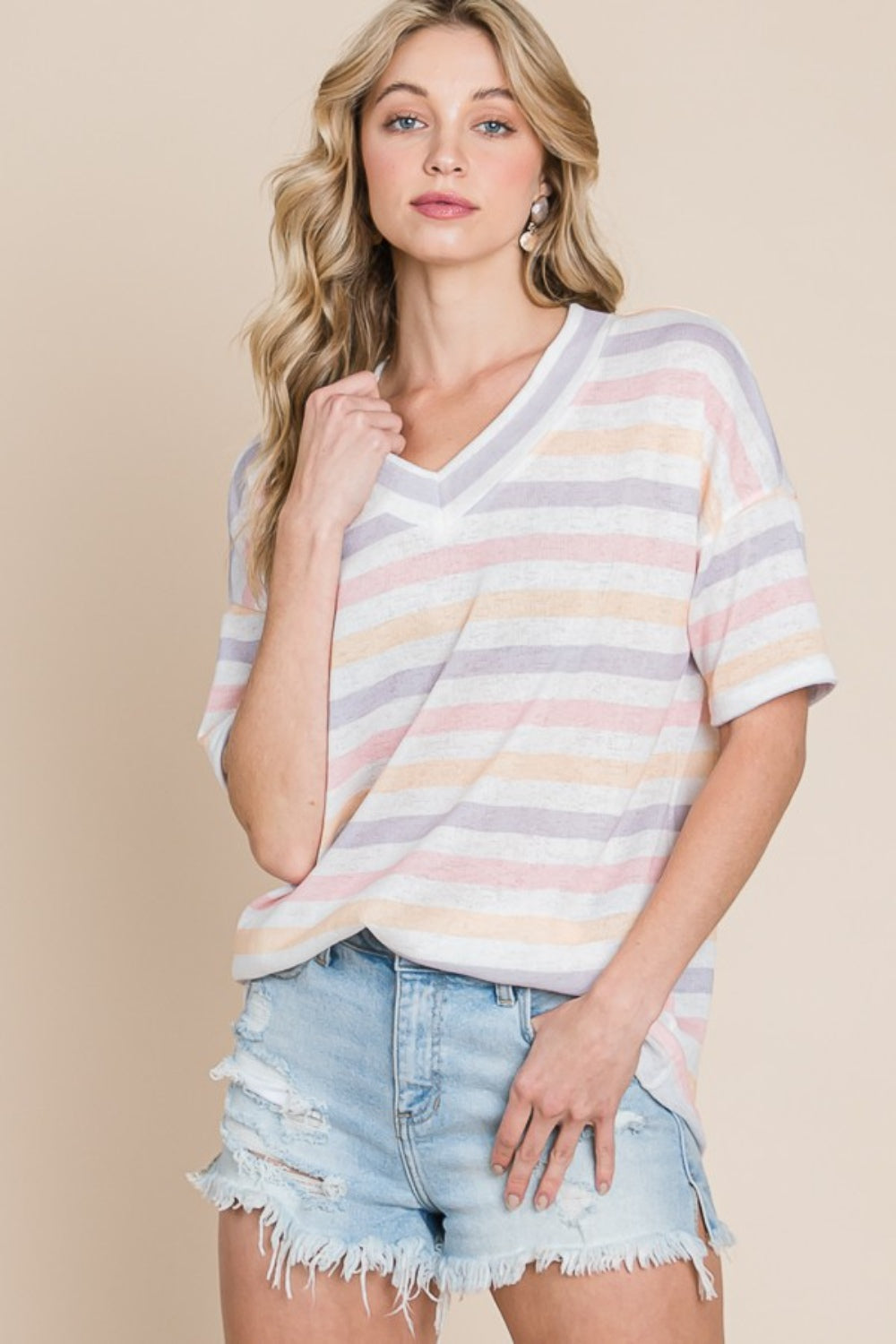 BOMBOM Striped V-Neck Short Sleeve T-Shirt Southern Soul Collectives