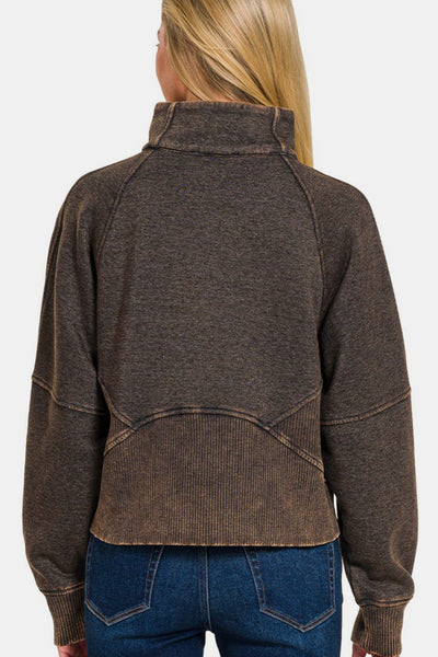 Zenana Acid Washed Half Zip Fleece Sweatshirt in Ash Black Southern Soul Collectives