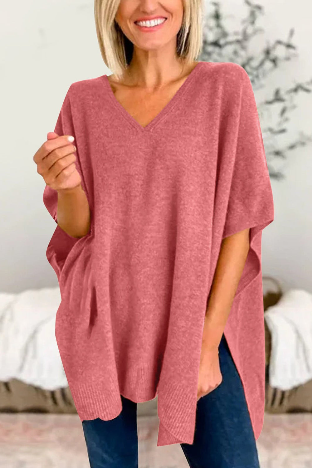 Slit V-Neck Half Sleeve Knit Top Southern Soul Collectives