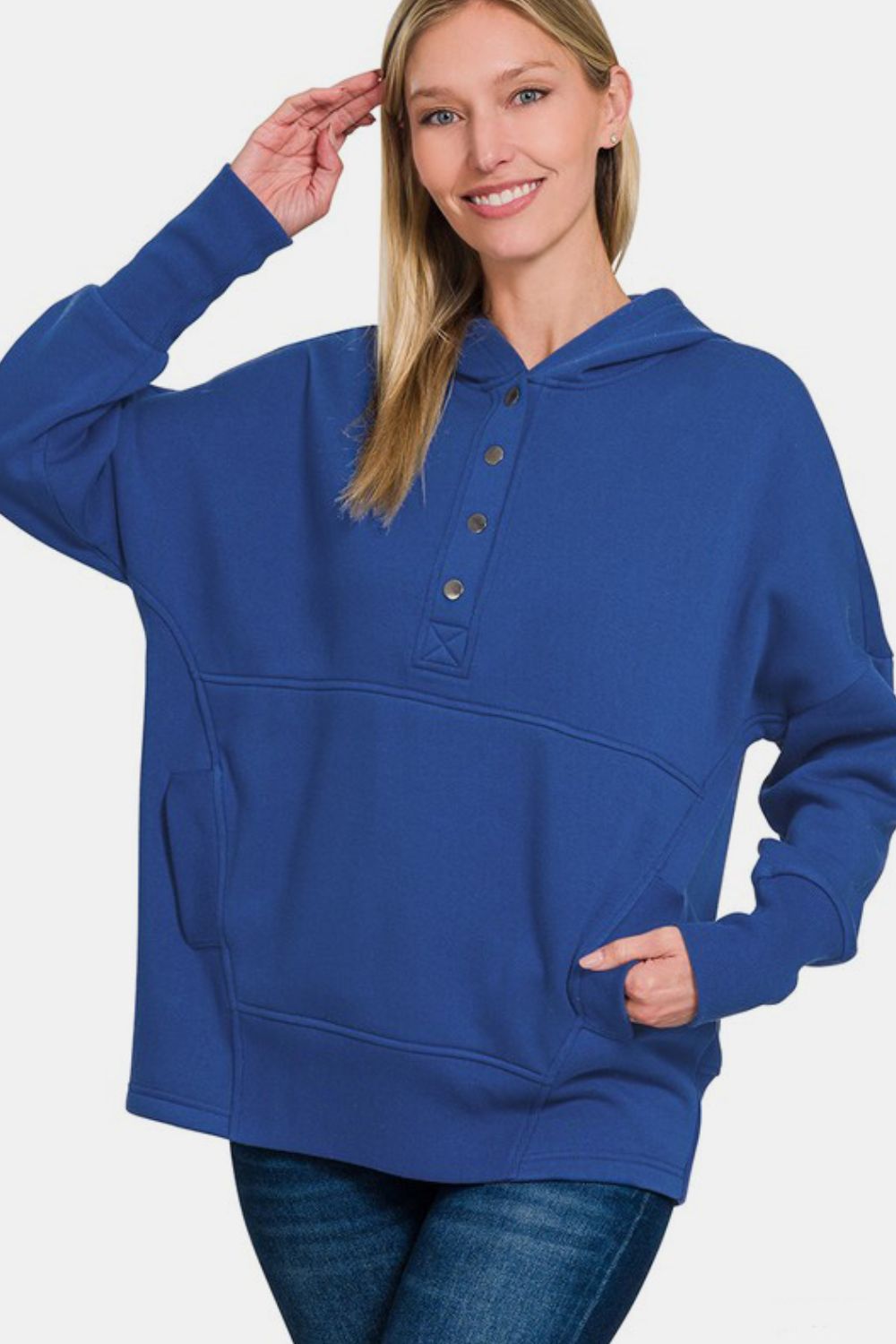 Zenana Half Snap Long Sleeve Hoodie with Kangaroo Pocket in Light Navy Blue Southern Soul Collectives