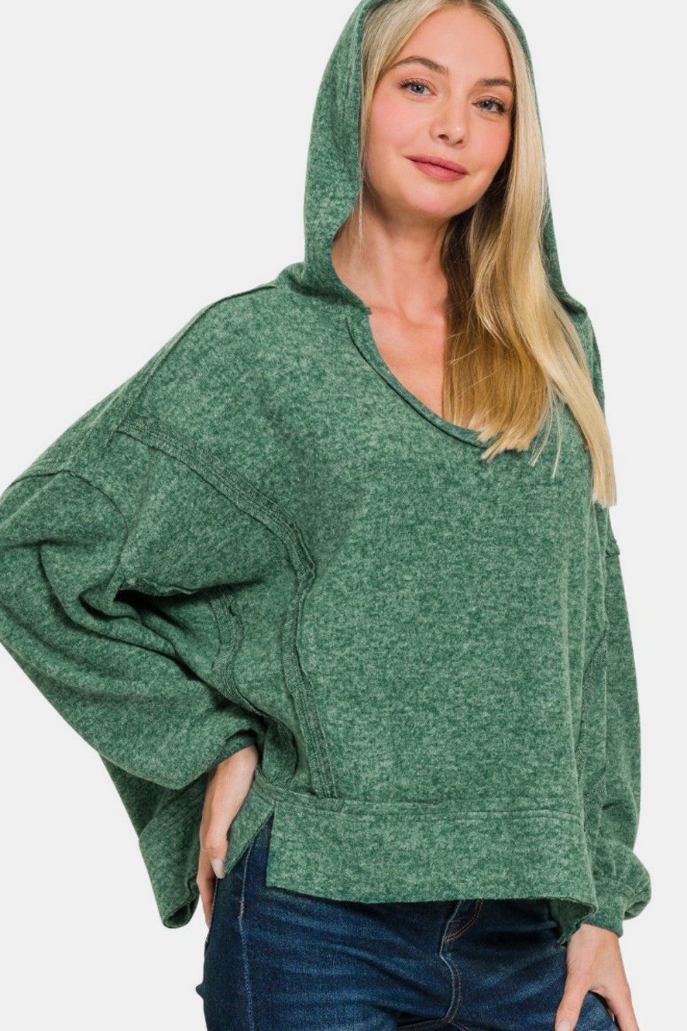 Zenana Brushed Hacci Exposed Seam Hoodie in Green Southern Soul Collectives