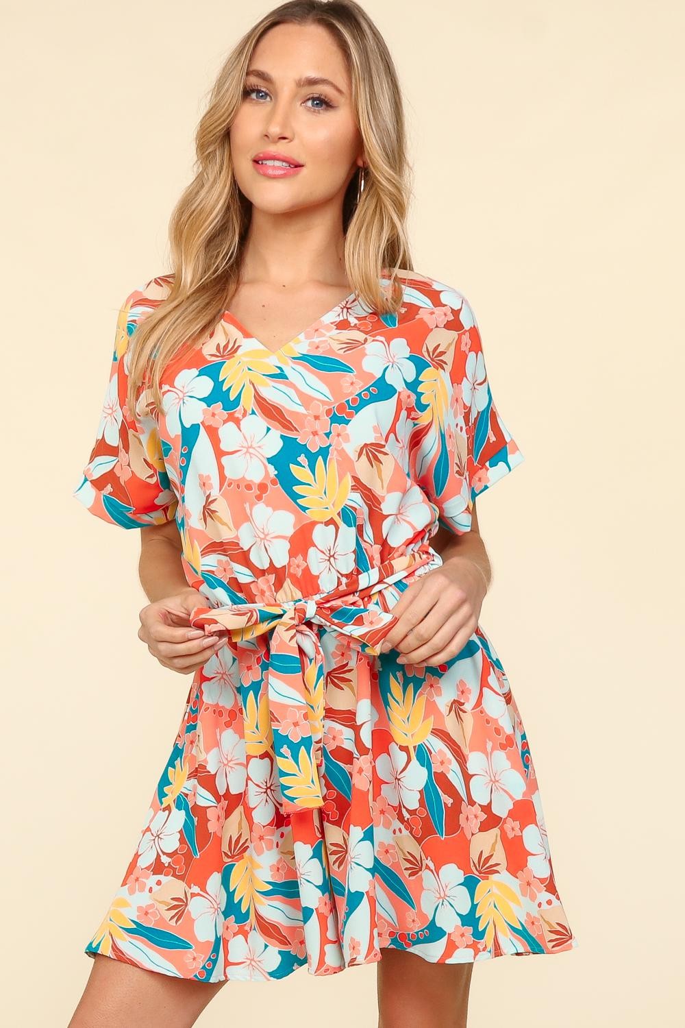 Tropical Floral Print Short Sleeve Tied Romper Southern Soul Collectives