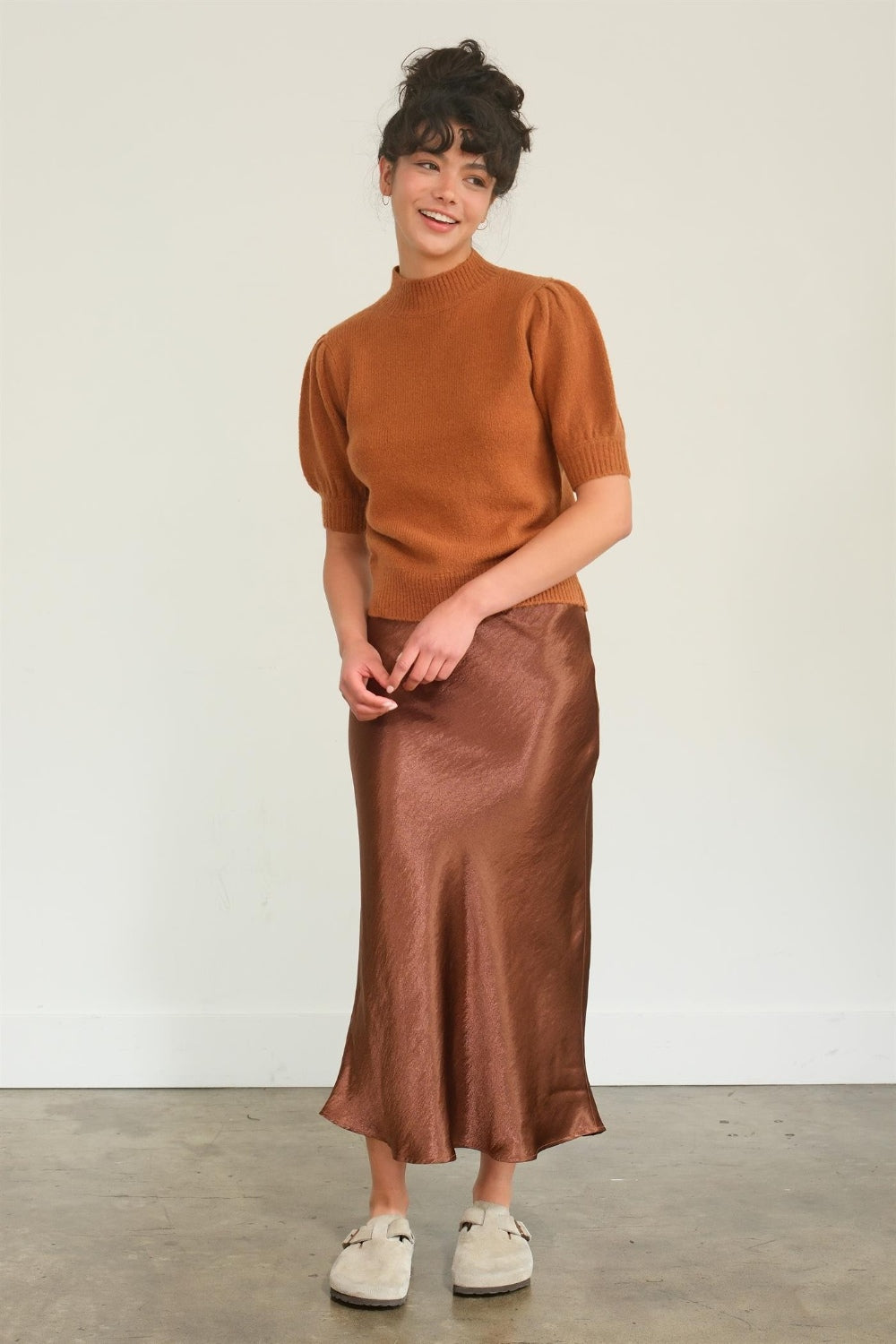 Mock Neck Puff Short Sleeve Sweater in Chocolate Orange Southern Soul Collectives