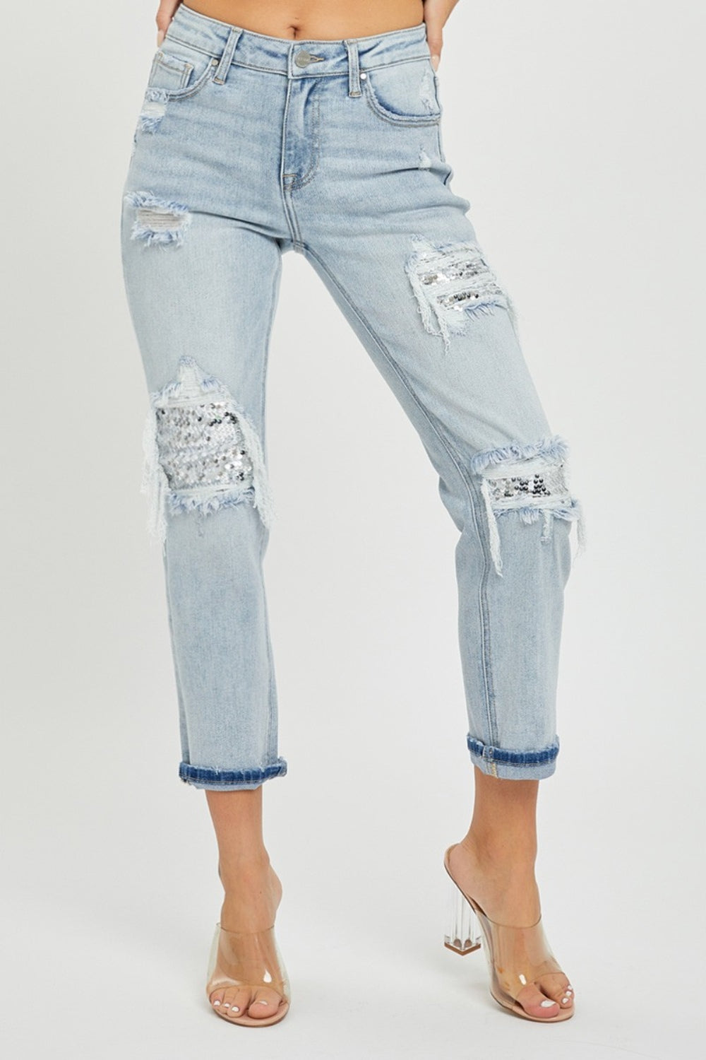 RISEN Mid-Rise Sequin Patched Jeans Southern Soul Collectives
