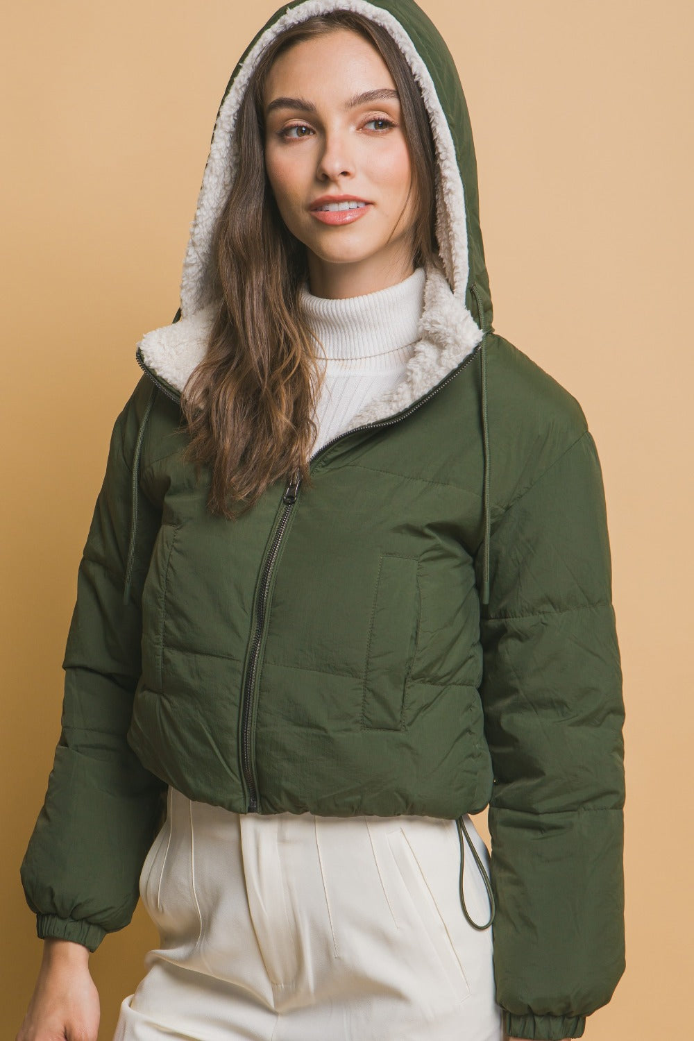 Zip Up Cropped Hooded Sherpa Reversible Jacket in Hunter Greent Southern Soul Collectives