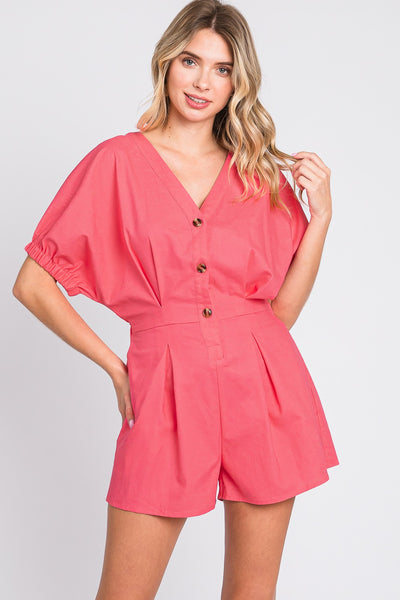 Half Button V-Neck Linen Romper in Pink Southern Soul Collectives