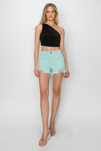 RISEN Mid Waist Frayed Hem Denim Shorts in  Mint Green Southern Soul Collectives