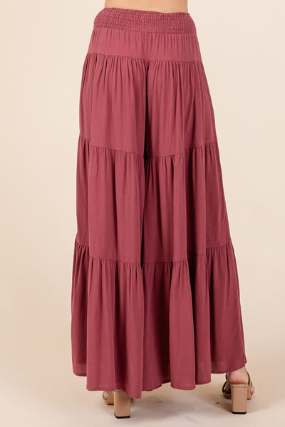 Tier Detail Smocked Elastic Waist Wide Leg Pants in Sienna Magenta Southern Soul Collectives