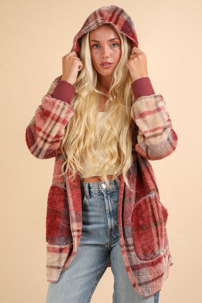 VERY J Fuzzy Plaid Long Sleeve Hooded Jacket Southern Soul Collectives