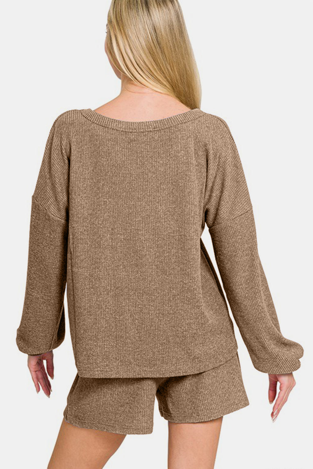 Zenana V-Neck Long Sleeve Ribbed Top and Shorts Set in Camel Taupe Southern Soul Collectives