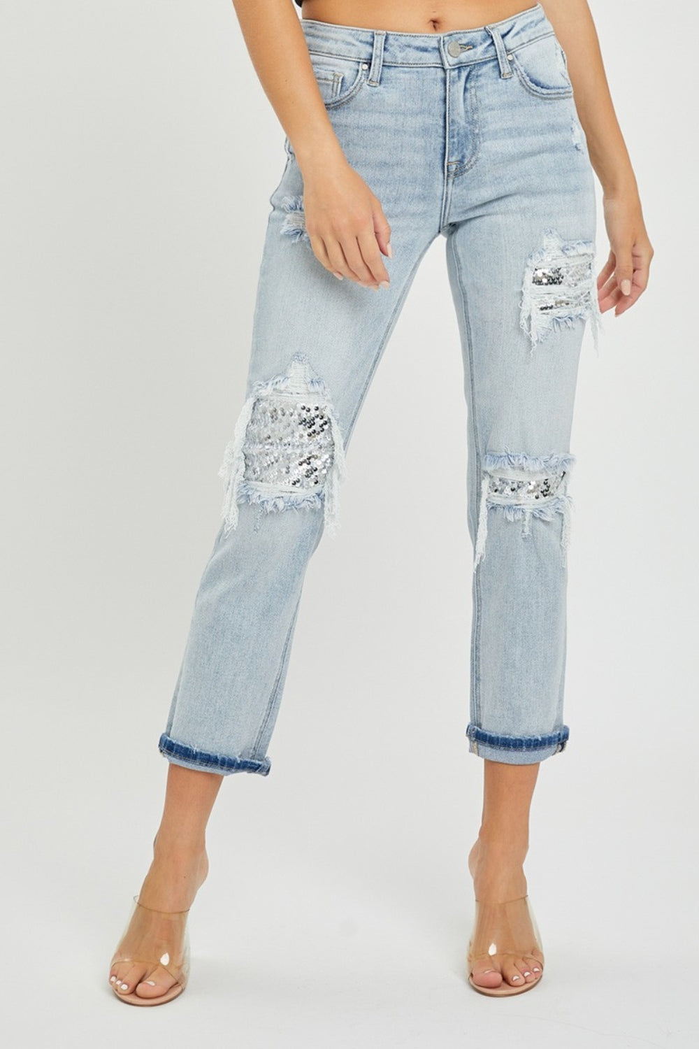 RISEN Mid-Rise Sequin Patched Jeans Southern Soul Collectives