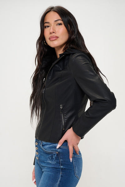 Coalition Affair Fitted Vegan Leather Zip Up Hooded Jacket in Black Southern Soul Collectives