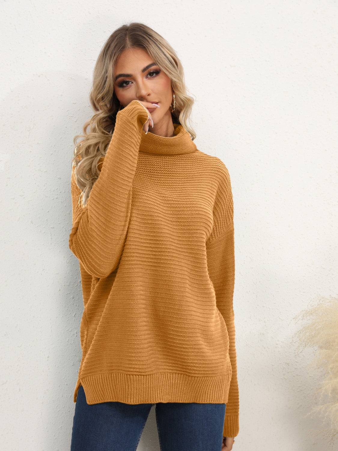 Slit Turtleneck Dropped Shoulder Sweater Southern Soul Collectives