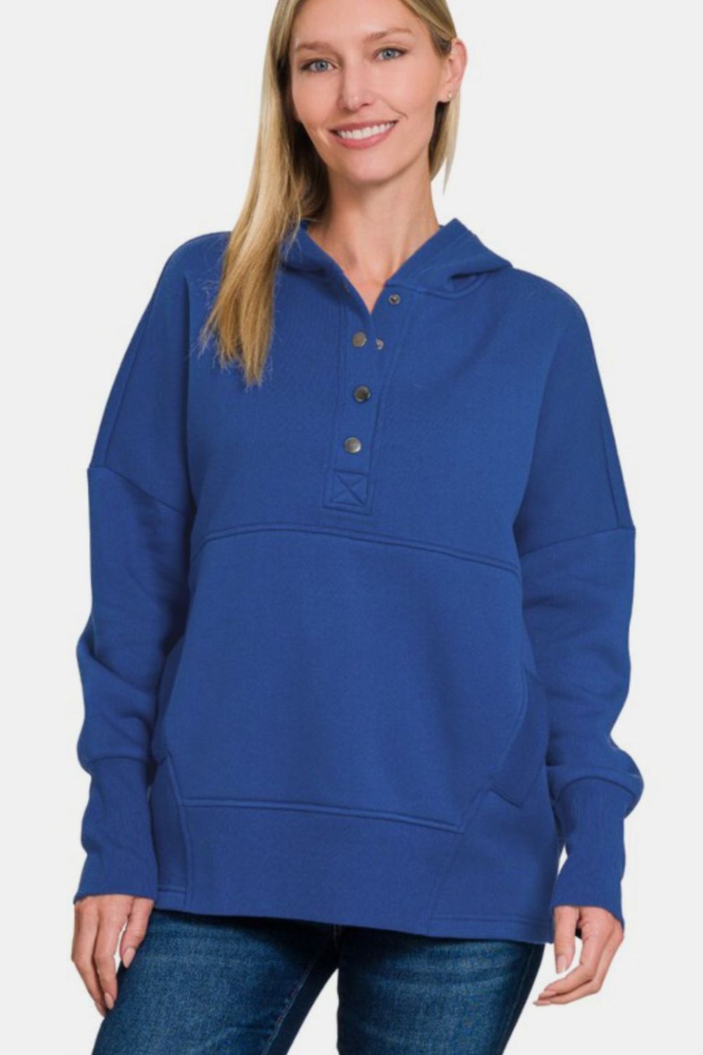 Zenana Half Snap Long Sleeve Hoodie with Kangaroo Pocket in Light Navy Blue Southern Soul Collectives