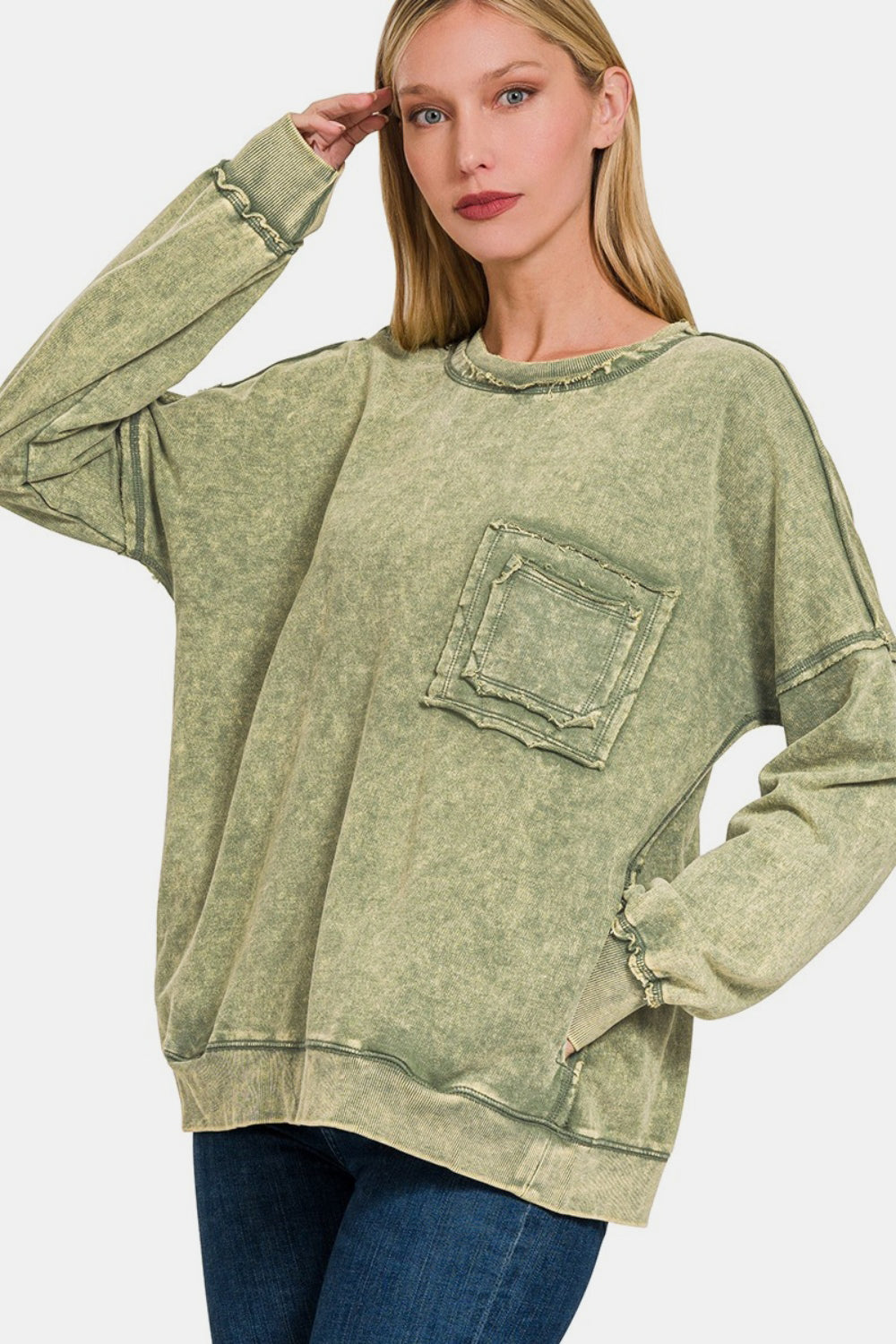 Zenana Exposed Seam Round Neck Dropped Shoulder Sweatshirt Southern Soul Collectives