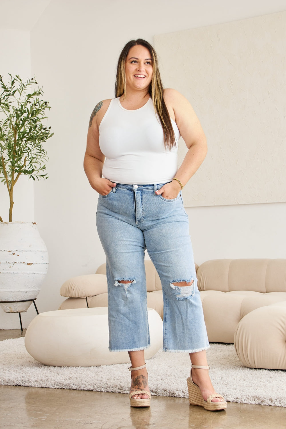 RFM Full Size Tummy Control High Waist Raw Hem Distressed Jeans Southern Soul Collectives