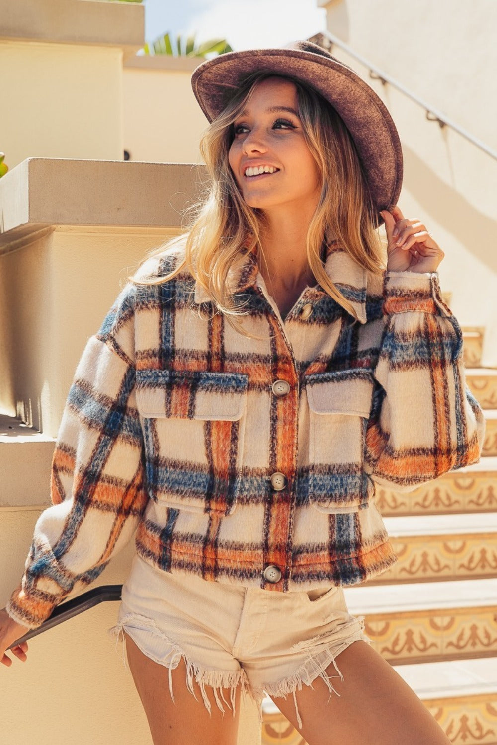 BiBi Brushed Plaid Crop Jacket with Pockets Southern Soul Collectives