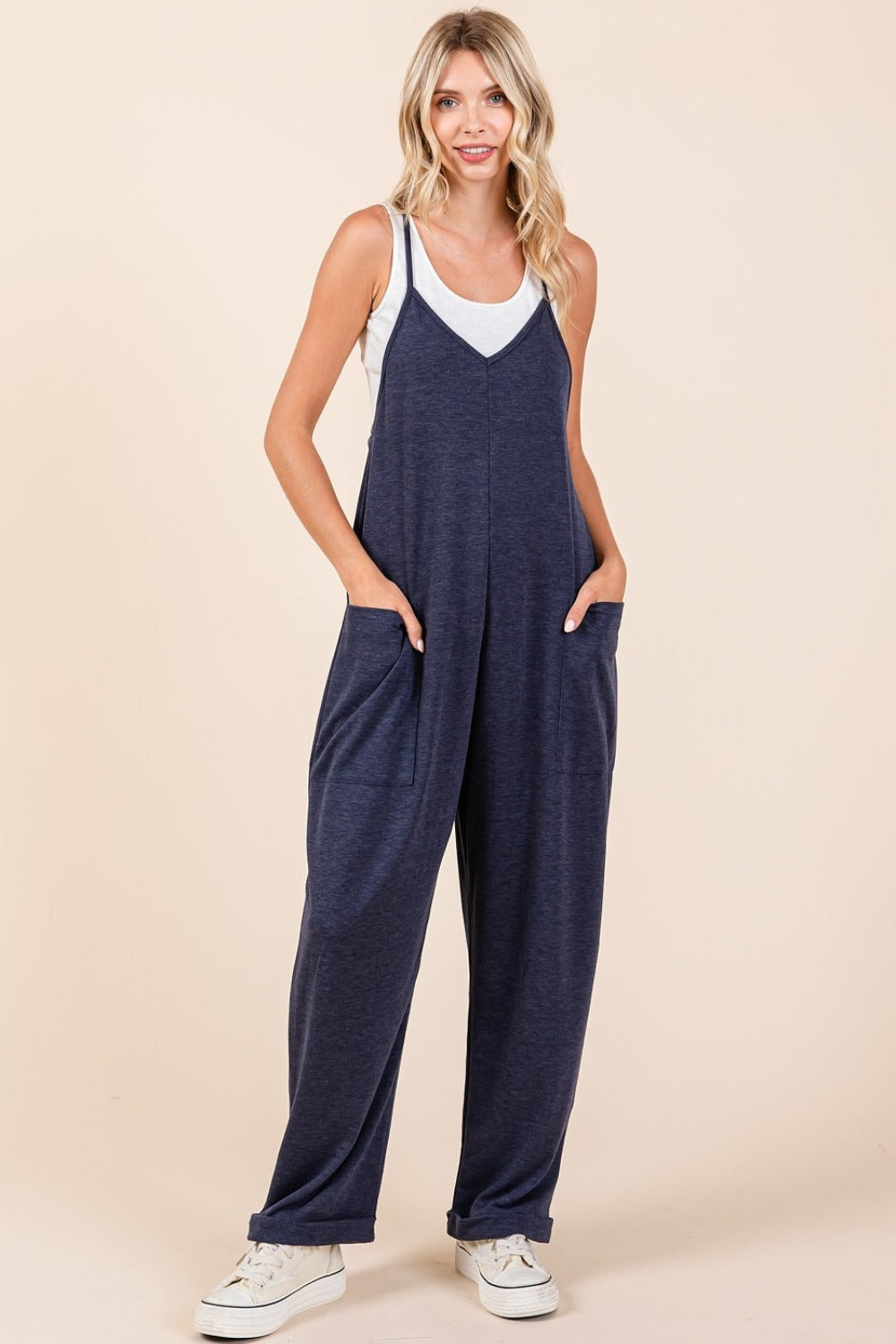 Patch Pocket Wide Leg Sleeveless Jumpsuit in Navy Southern Soul Collectives