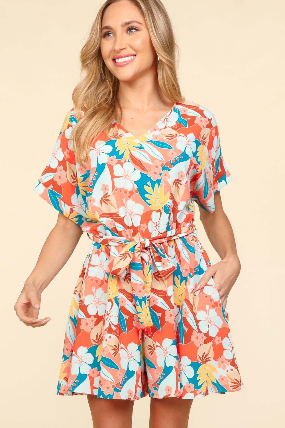 Tropical Floral Print Short Sleeve Tied Romper Southern Soul Collectives