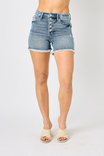 Judy Blue Full Size Button Fly Raw Hem Denim Shorts Southern Soul Collectives