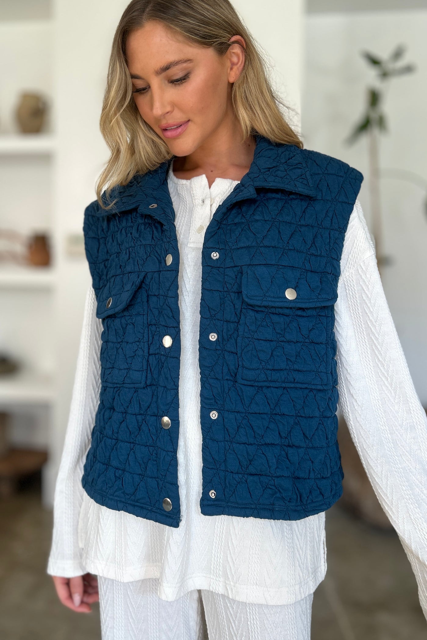 Double Take Full Size Pocketed Texture Snap Down Vest Coat Southern Soul Collectives