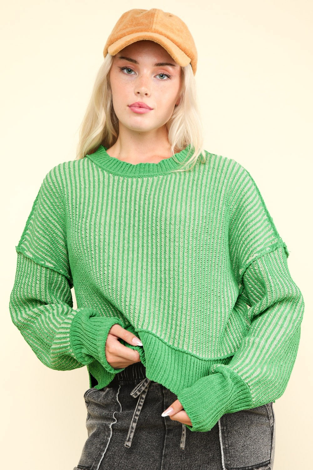 Exposed Seam Cropped Striped Slit Sweater in Green Southern Soul Collectives