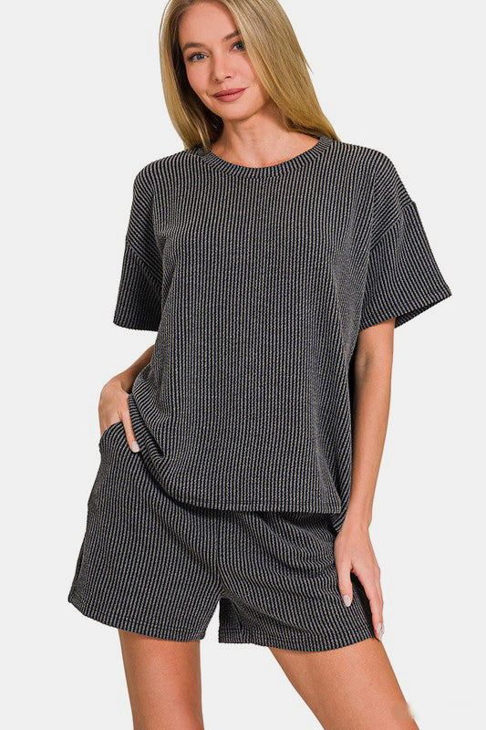 Zenana Rib Short Sleeve T-Shirt and Shorts Set in Dark Grey Southern Soul Collectives