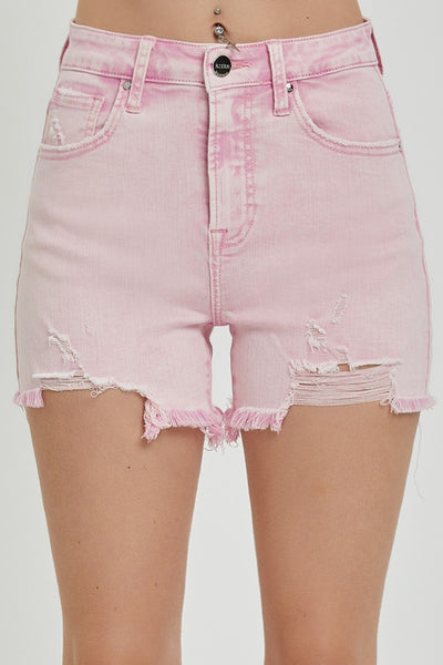 RISEN High Rise Distressed Denim Shorts in Acid Pink Southern Soul Collectives