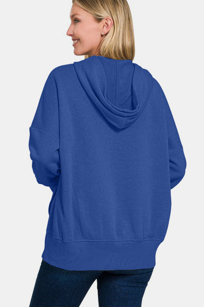 Zenana Half Snap Long Sleeve Hoodie with Kangaroo Pocket in Light Navy Blue Southern Soul Collectives