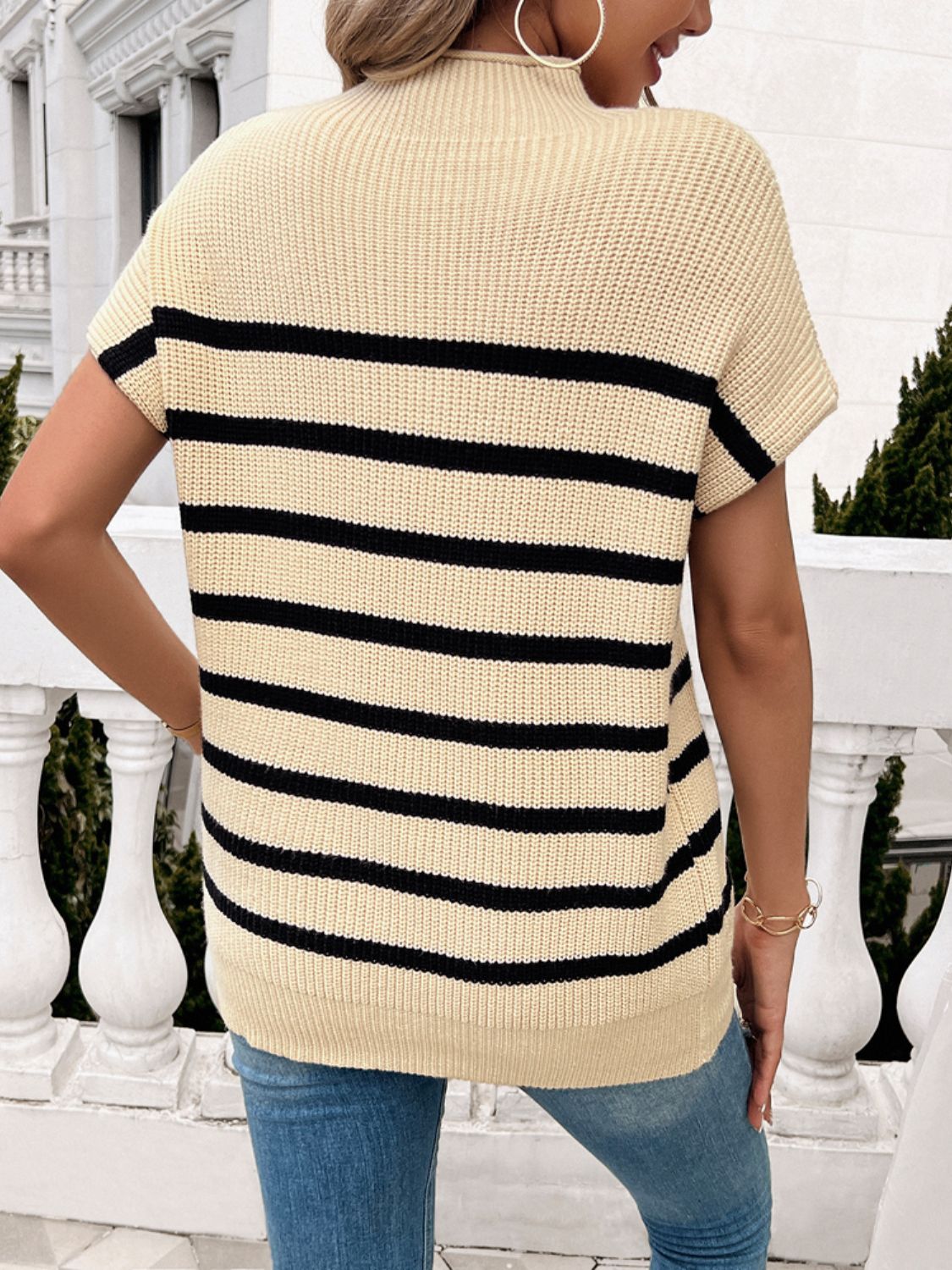 Devine Striped Mock Neck Short Sleeve Sweater Southern Soul Collectives