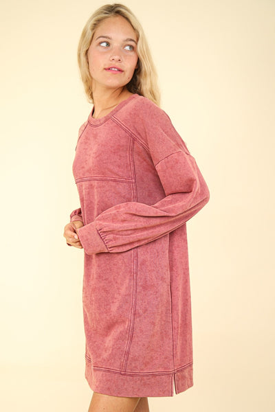 Mineral Washed Oversized Sweatshirt Mini Dress in Magenta Southern Soul Collectives