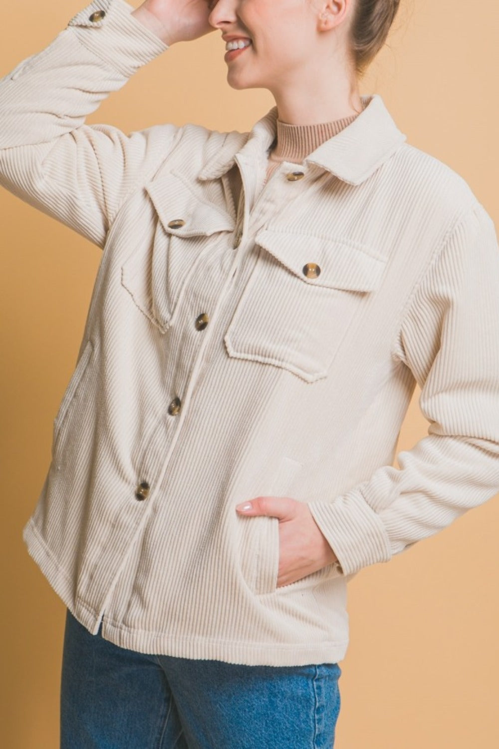 Corduroy Button Up Jacket with Sherpa Inside in Cream Southern Soul Collectives