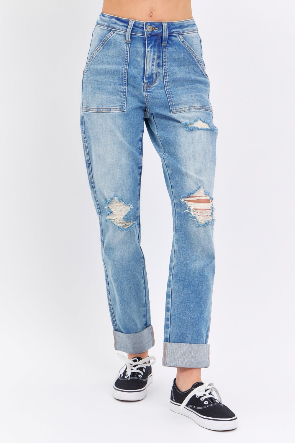 Judy Blue Full Size Distressed Straight Jeans with Patch Pockets Southern Soul Collectives