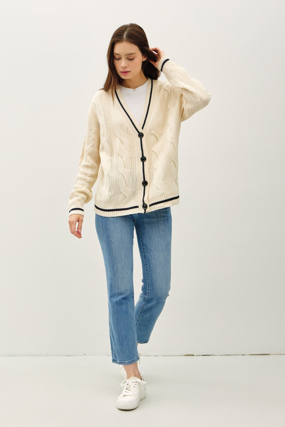 Be Cool Contrast Trim Cable-Knit V-Neck Cardigan Southern Soul Collectives