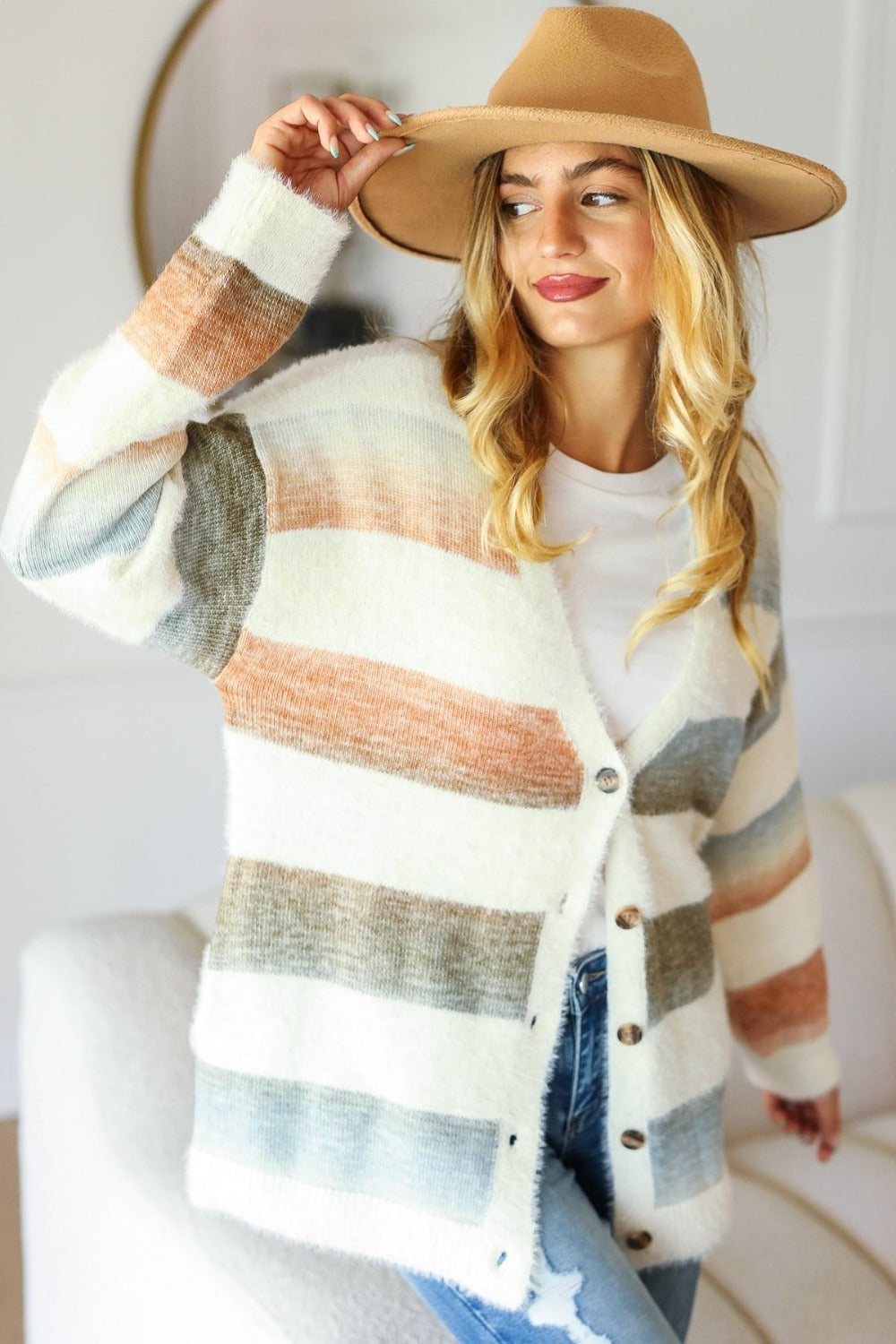 Haptics Full Size Button Down Stripe Soft Fuzzy Sweater Cardigan Southern Soul Collectives