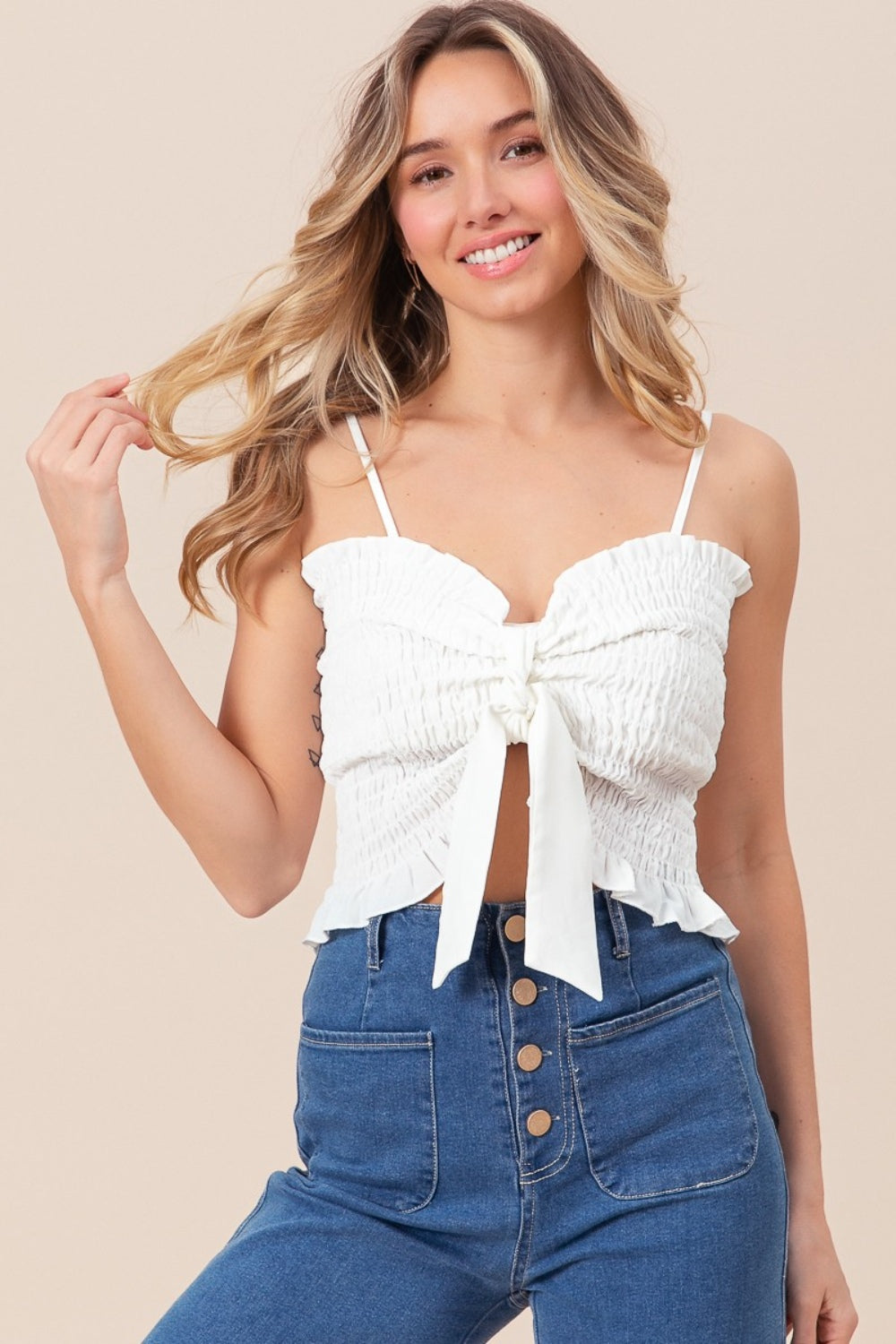 Ruffled Smocked Ribbon Detail Cami in Off White Southern Soul Collectives