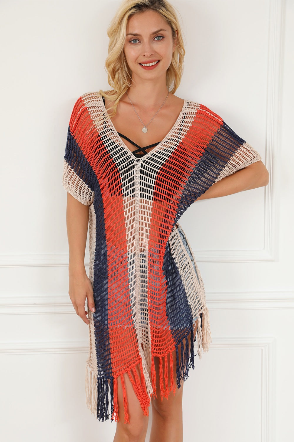 Tassel Color Block Red, White and Blue V-Neck Swim Cover Up Southern Soul Collectives