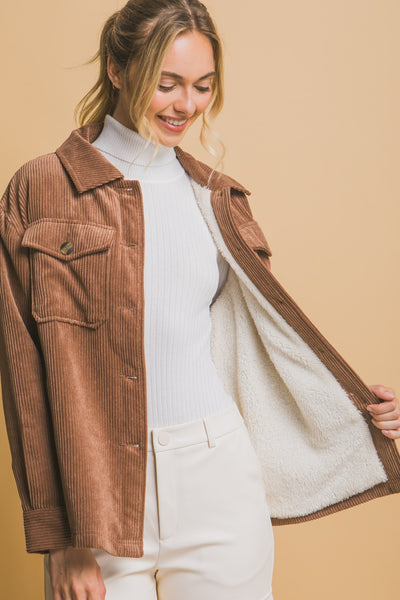 Corduroy Button Up Jacket with Sherpa Inside in Brown Cocoa Southern Soul Collectives