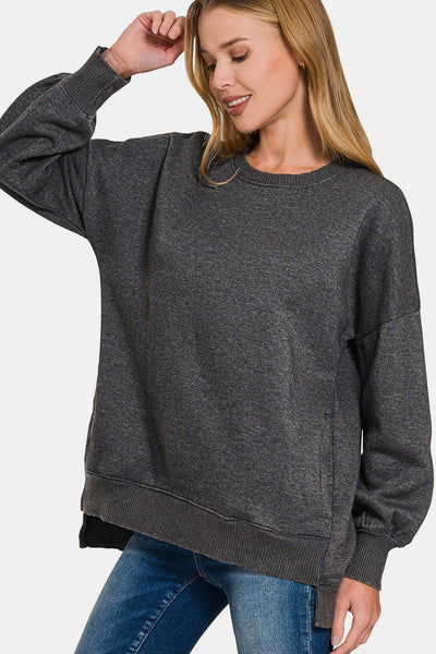 Zenana High-Low Acid Wash Fleece Sweatshirt in Black Southern Soul Collectives