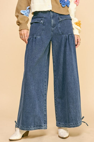 Davi & Dani Drawstring Hem Wide Leg Mid Rise Jeans Southern Soul Collectives