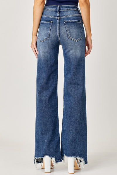 Risen High Rise Frayed Shark Bite Hem Wide Leg Jeans Southern Soul Collectives