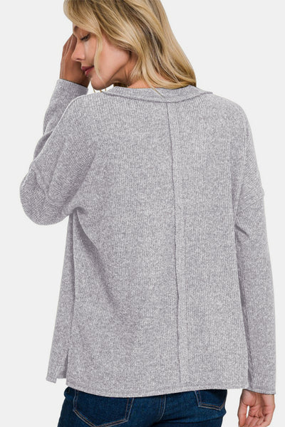 Zenana Ribbed V-Neck Drop Shoulder Top in Heather Grey Southern Soul Collectives