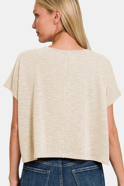 Zenana V-Neck Short Sleeve Crop T-Shirt in Sand Beige Southern Soul Collectives