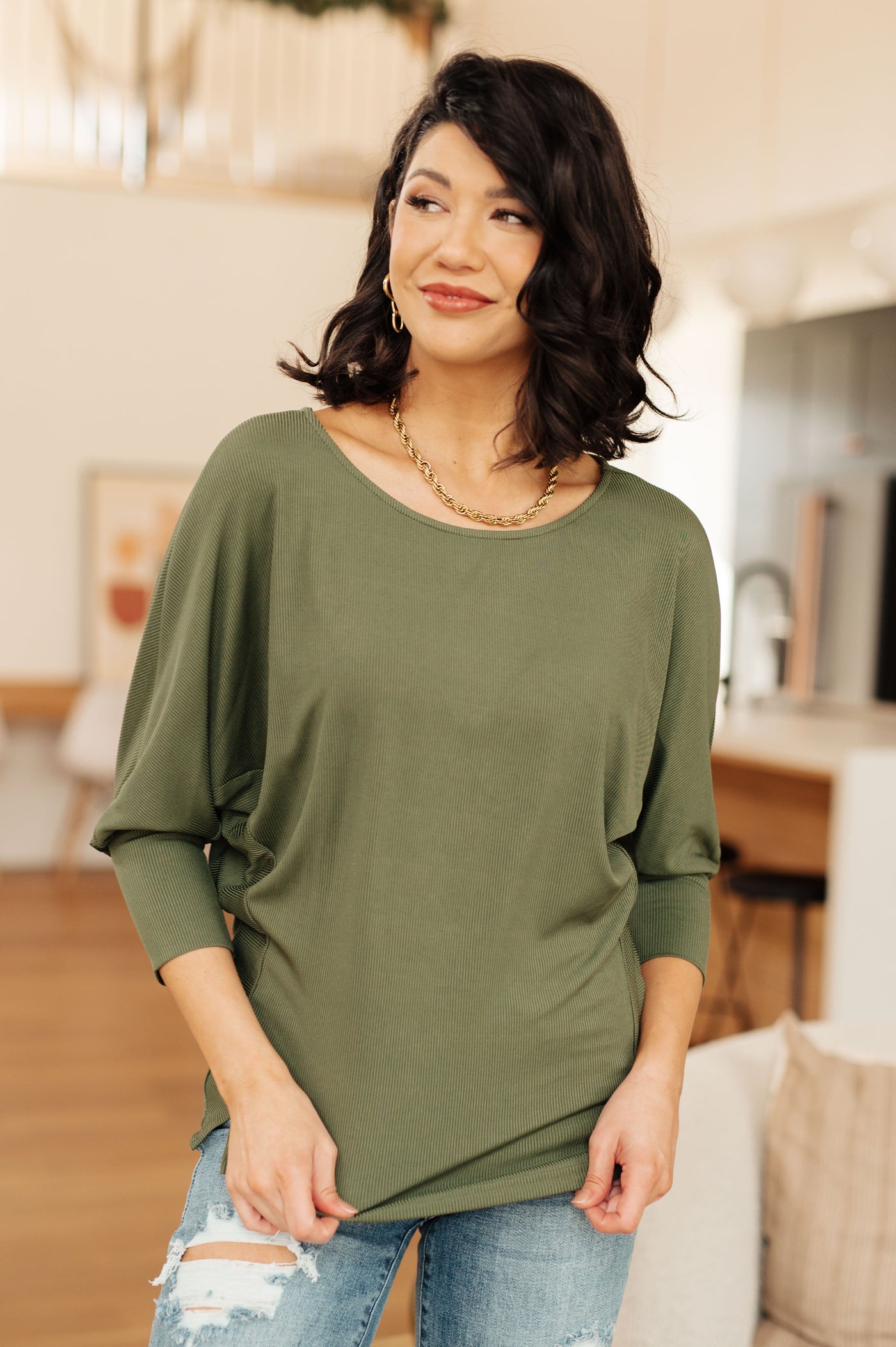 A Day Together 3/4 Sleeve Top in Olive Womens Southern Soul Collectives