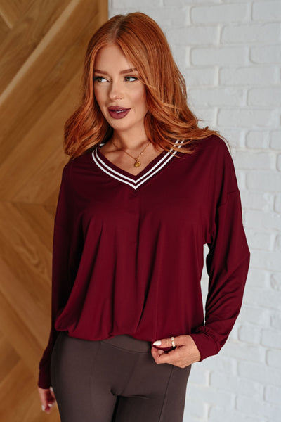 All Out Comfort V-Neck Pullover in Red Merlot Southern Soul Collectives