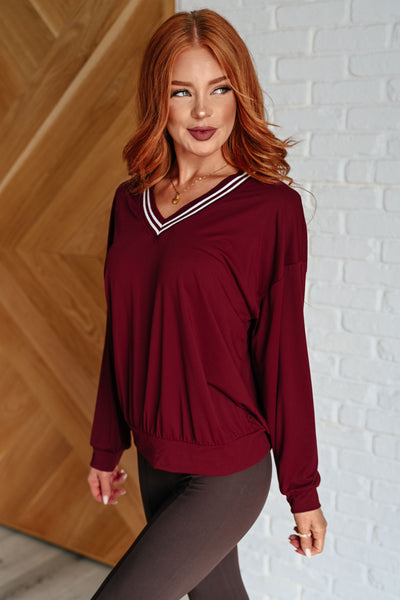 All Out Comfort V-Neck Pullover in Red Merlot Southern Soul Collectives