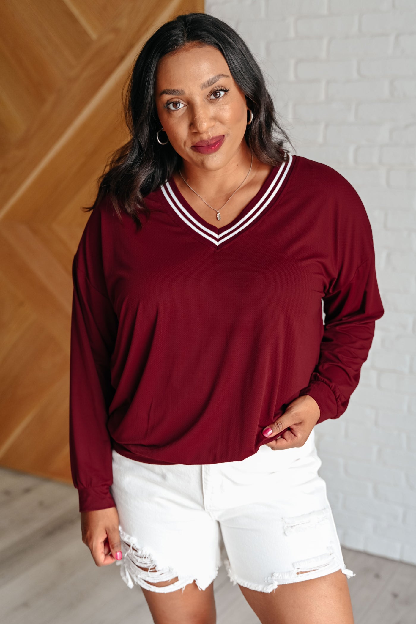 All Out Comfort V-Neck Pullover in Red Merlot Southern Soul Collectives