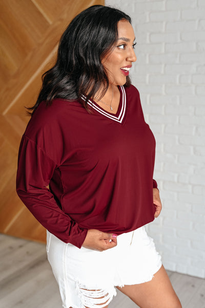 All Out Comfort V-Neck Pullover in Red Merlot Southern Soul Collectives