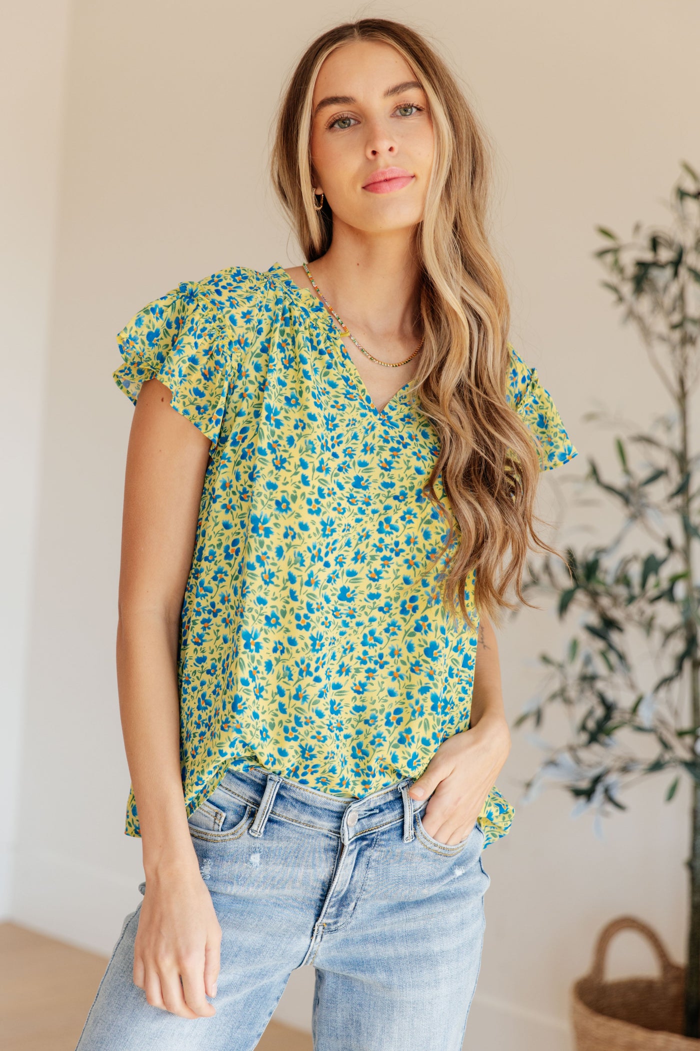 Anywhere We Go Flutter Sleeve Top in Blue Combo Southern Soul Collectives