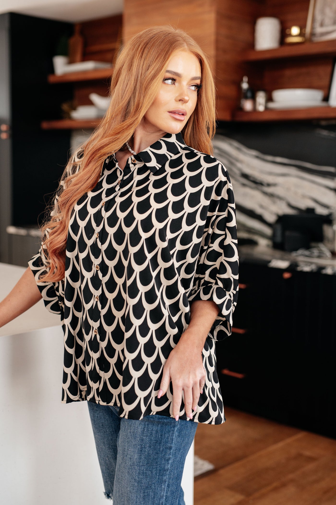 Art Deco Button Up Blouse in Black and Cream Womens Southern Soul Collectives
